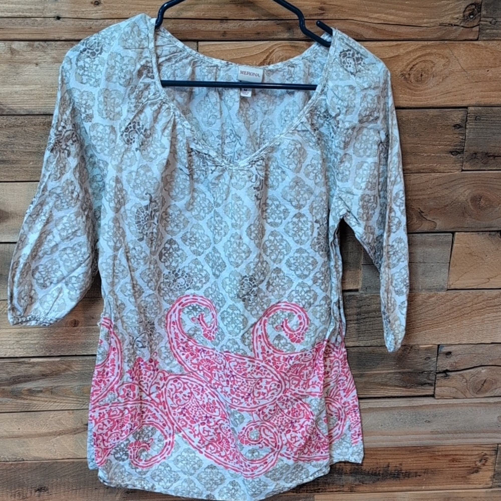 Cute Merona Women's Blouse - Pink and Gray Paisley Cheap Size M